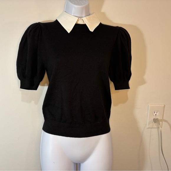 Alice + Olivia Black Puff Sleeve Top with White Collar - Picture 9 of 15